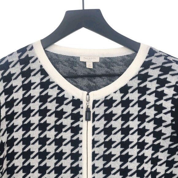 Talbots Full Zip Sweater Jacket Medium Black Houndstooth Academia Holiday Preppy - Picture 2 of 9